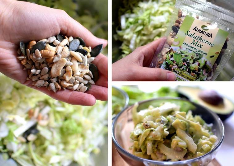 Chinakohl-Spitzkohl-Salat mit Avocado-Dressing und Salatkernen